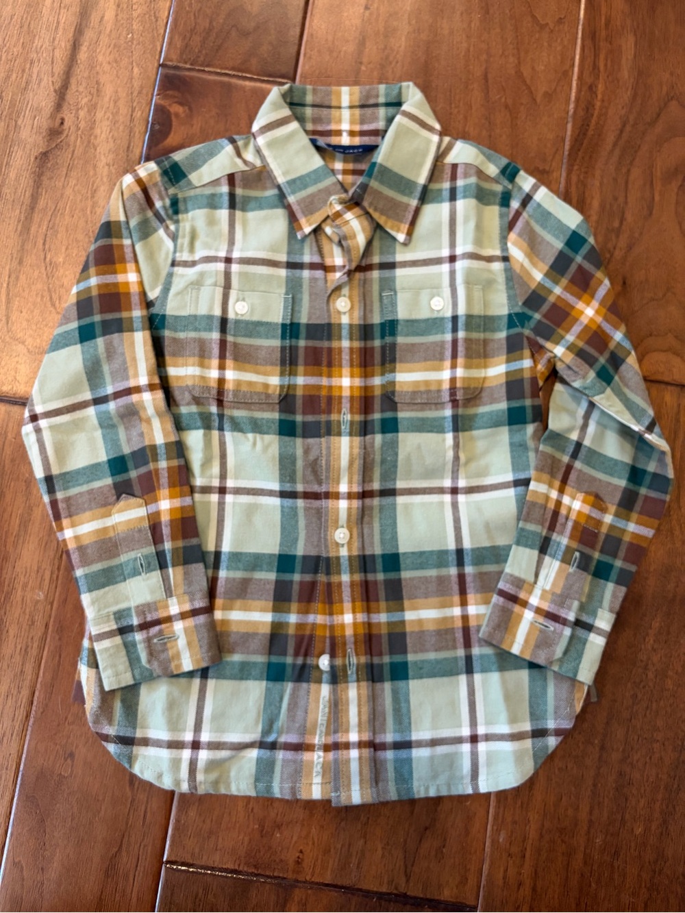 Janie and Jack Green, Brown & Mustard Plaid Button-Down Shirt 3T EUC